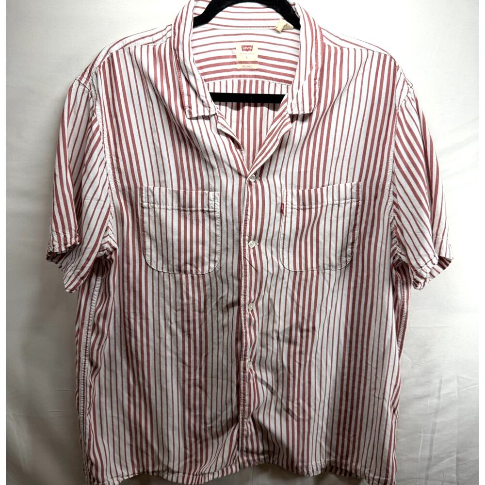Levi's Large Relaxed Fit Short Sleeve Striped Camp Button-Down Shirt - White/Red